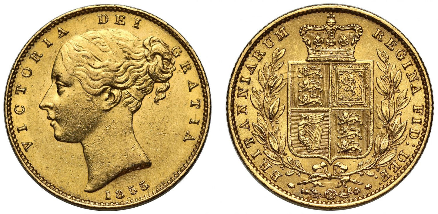 Victoria 1855 Sovereign WW incuse, second young head, shield reverse