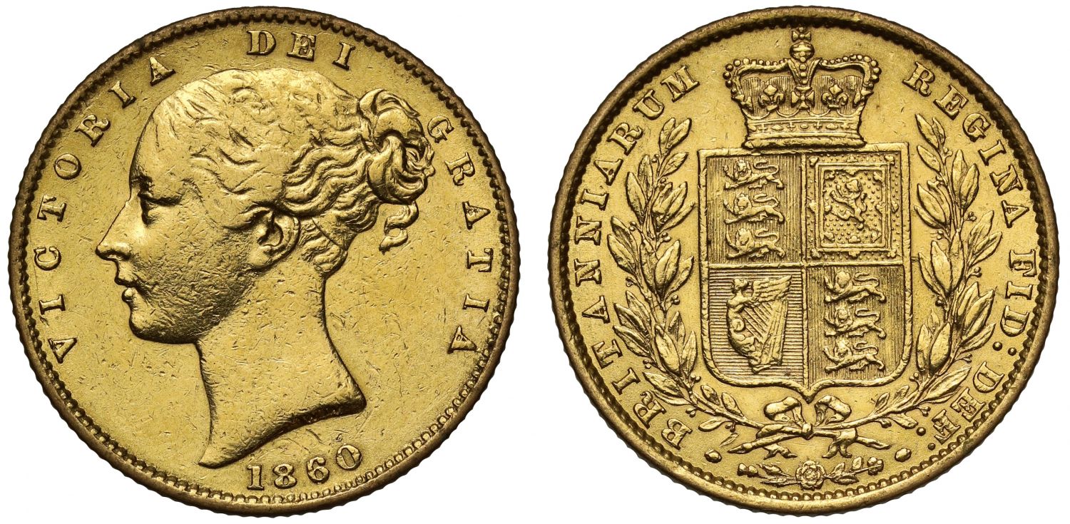 Victoria 1860 Sovereign, 2nd young head, shield reverse, round O in date