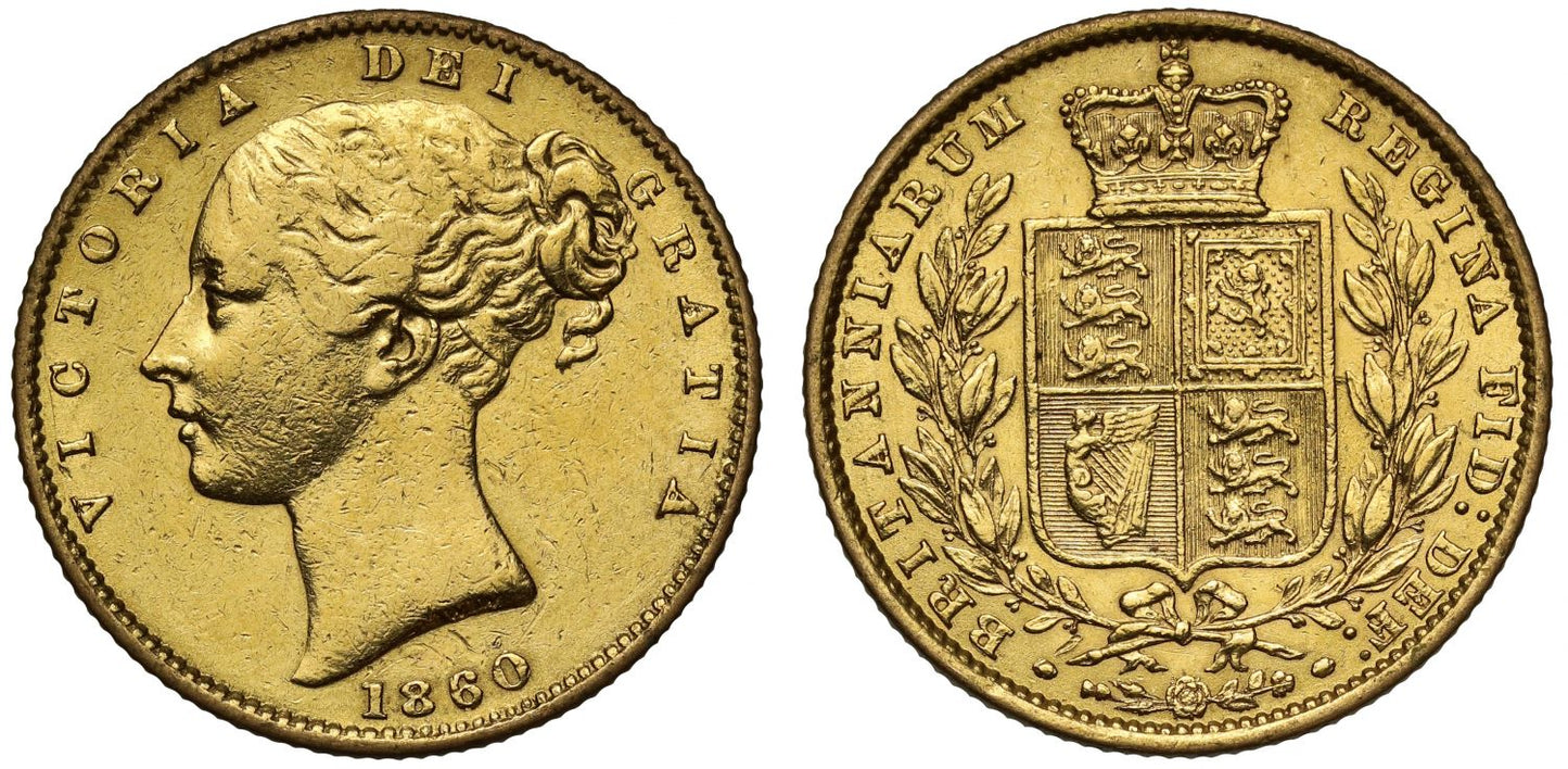Victoria 1860 Sovereign, 2nd young head, shield reverse, round O in date