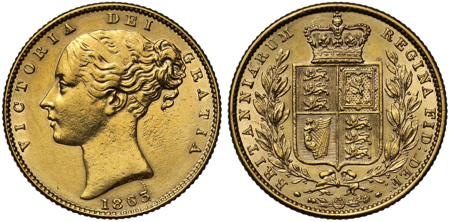 Victoria 1863 Sovereign no die on shield reverse