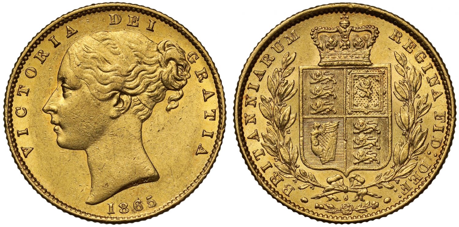 Victoria 1865 Sovereign die 6 below shield on reverse