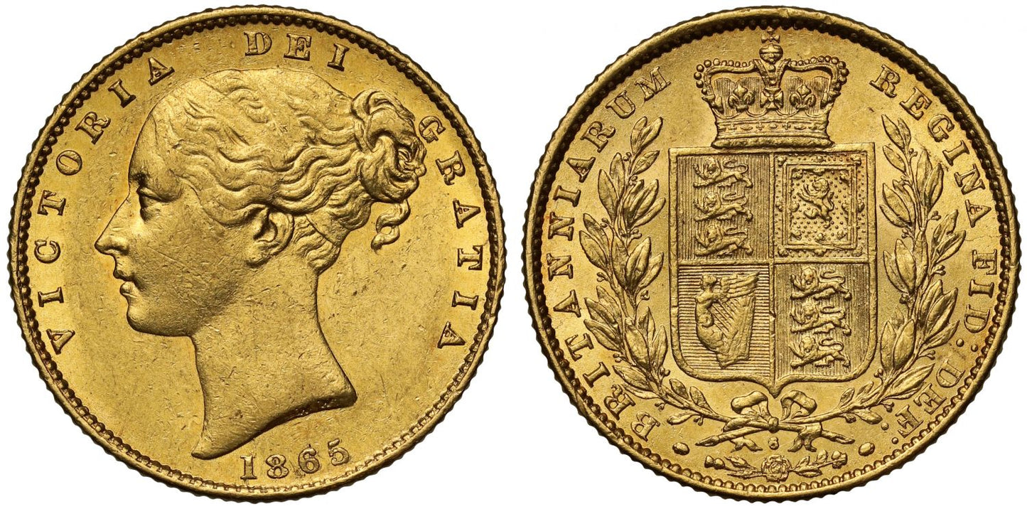 Victoria 1865 Sovereign die 6 below shield on reverse