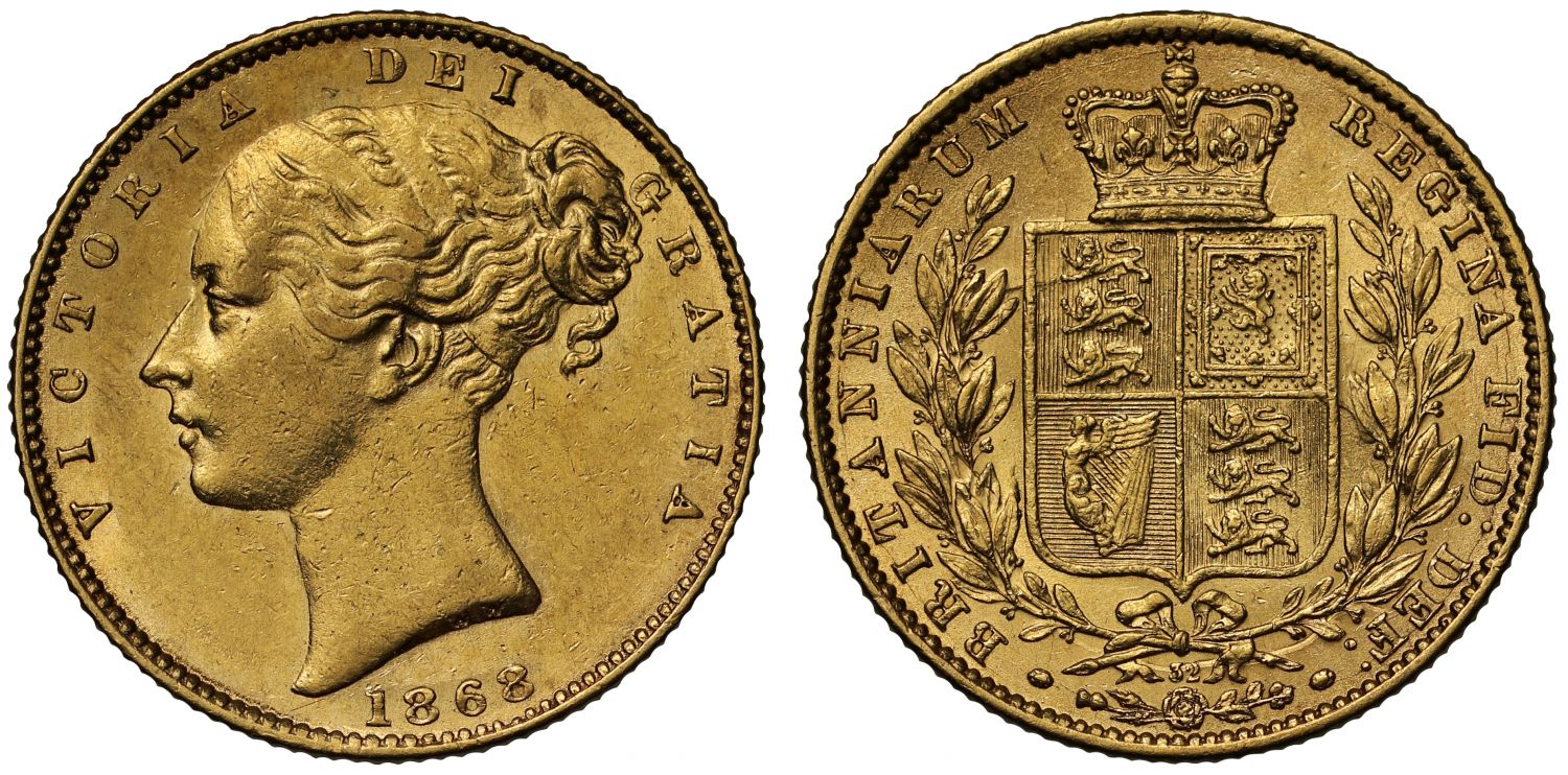 Victoria 1868 Sovereign, second young head, shield reverse, die number 32