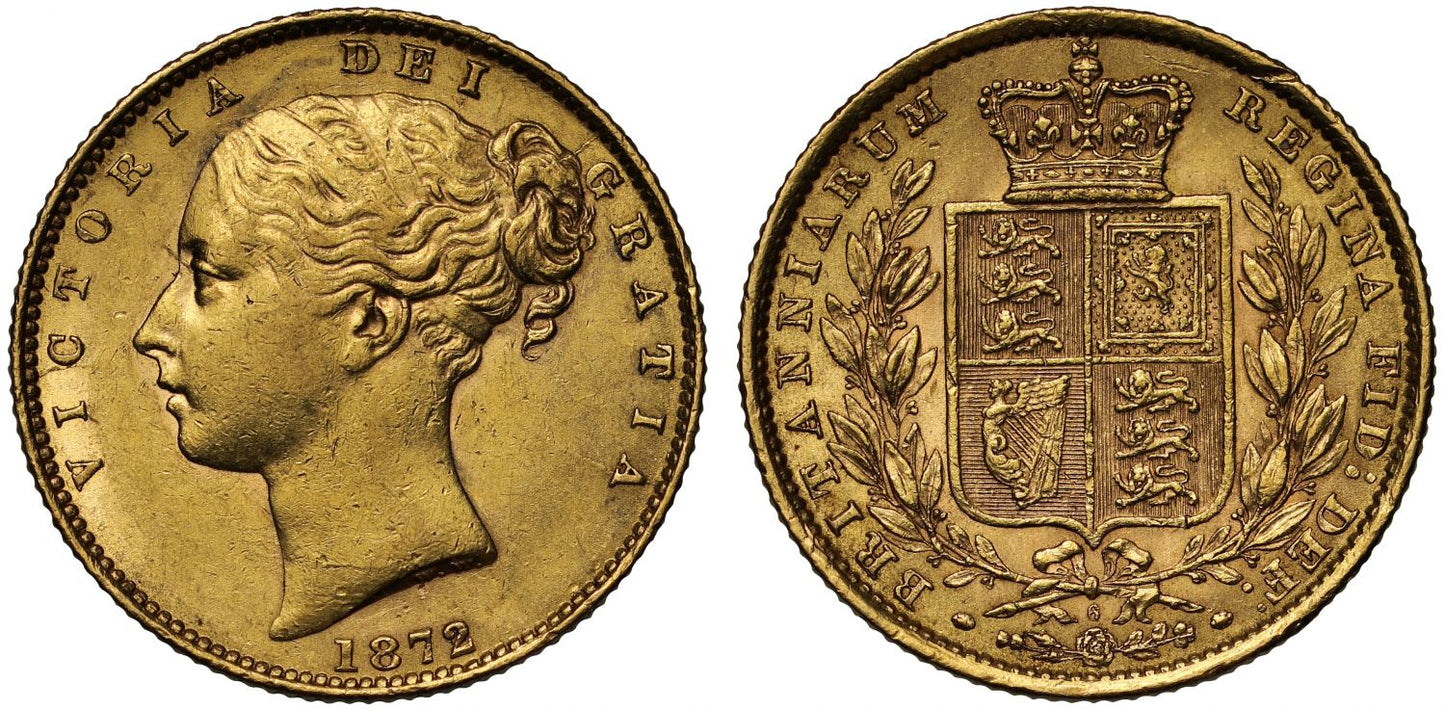 Victoria 1872 Sovereign, third head, shield reverse, die number 6