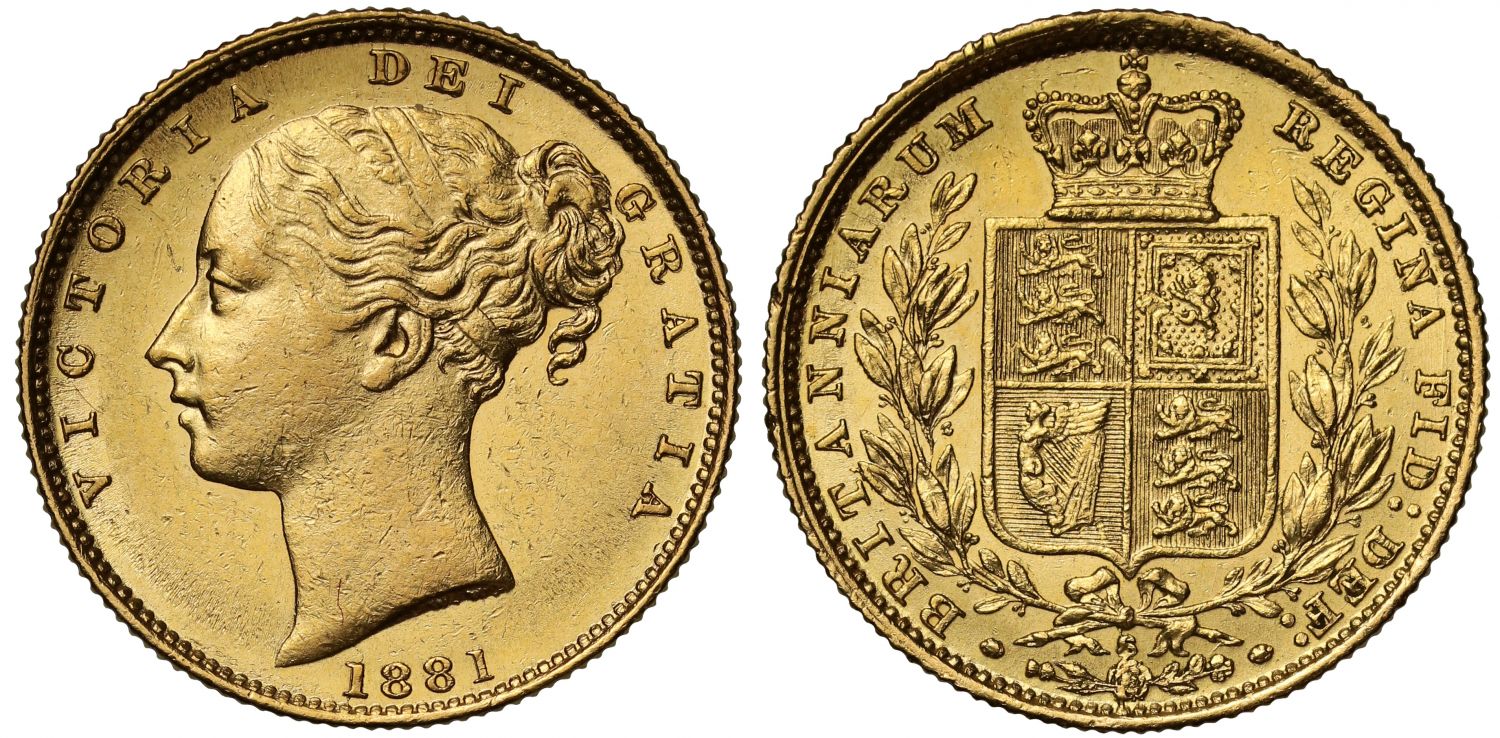 Victoria 1881-S Sovereign Sydney Mint, fourth young head shield reverse