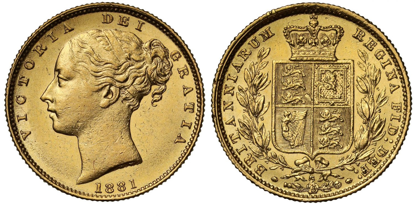 Victoria 1881-S Sovereign Sydney Mint, fourth young head shield reverse
