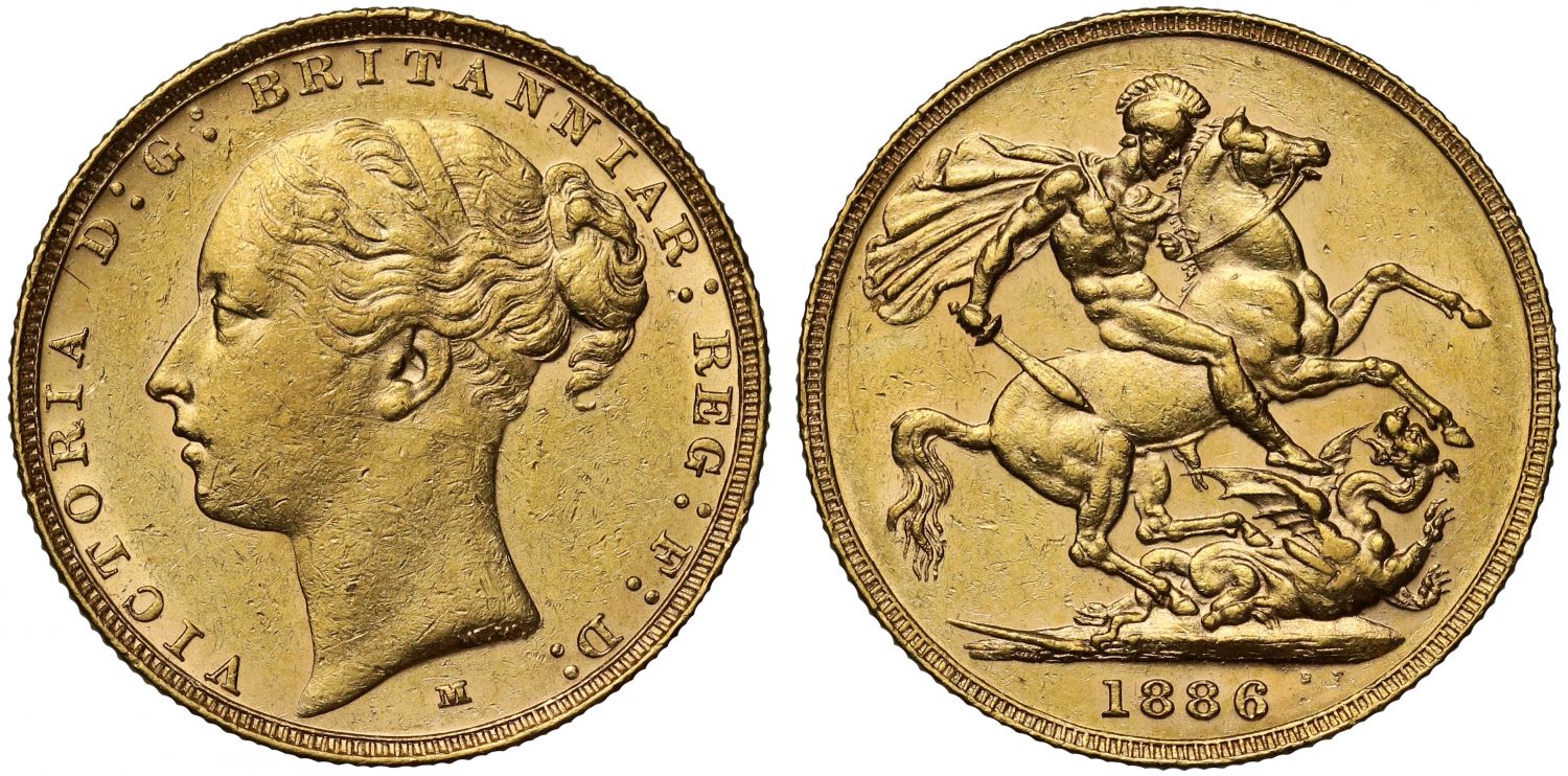 Victoria 1886-M Sovereign Melbourne Mint, young head St George