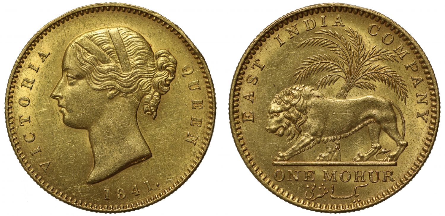 India, gold Mohur, 1841C, MS62.