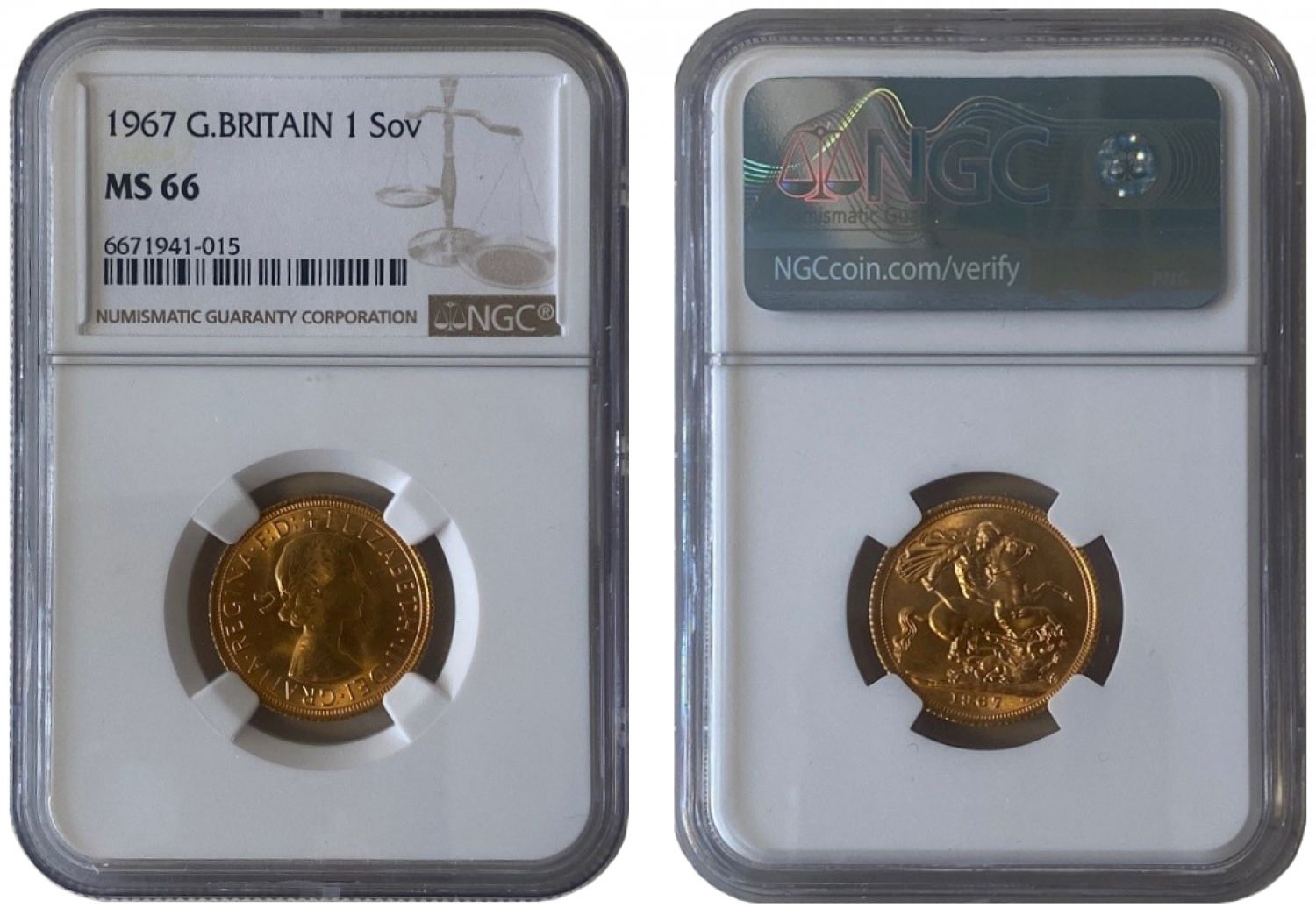 Elizabeth II 1967 Sovereign MS66 Gillick, First Portrait