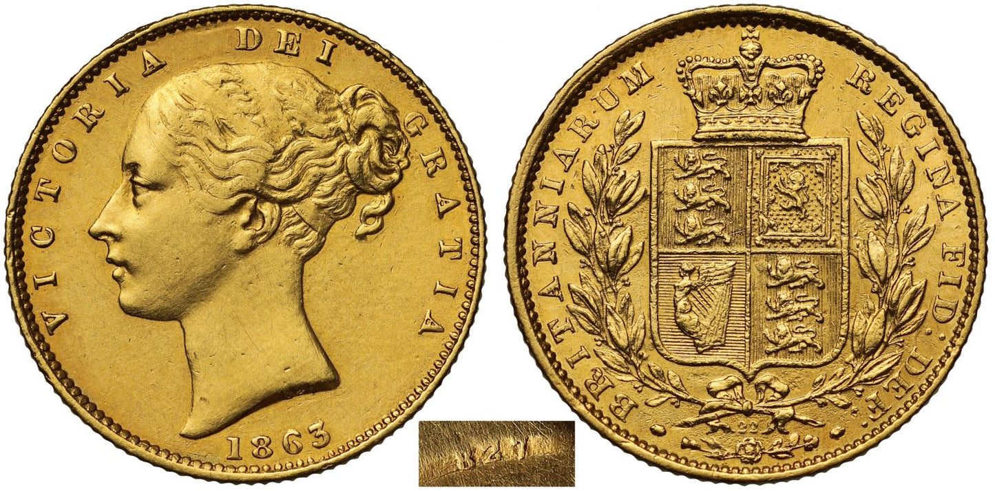 Victoria 1863 Sovereign "827" on truncation, no die number on reverse