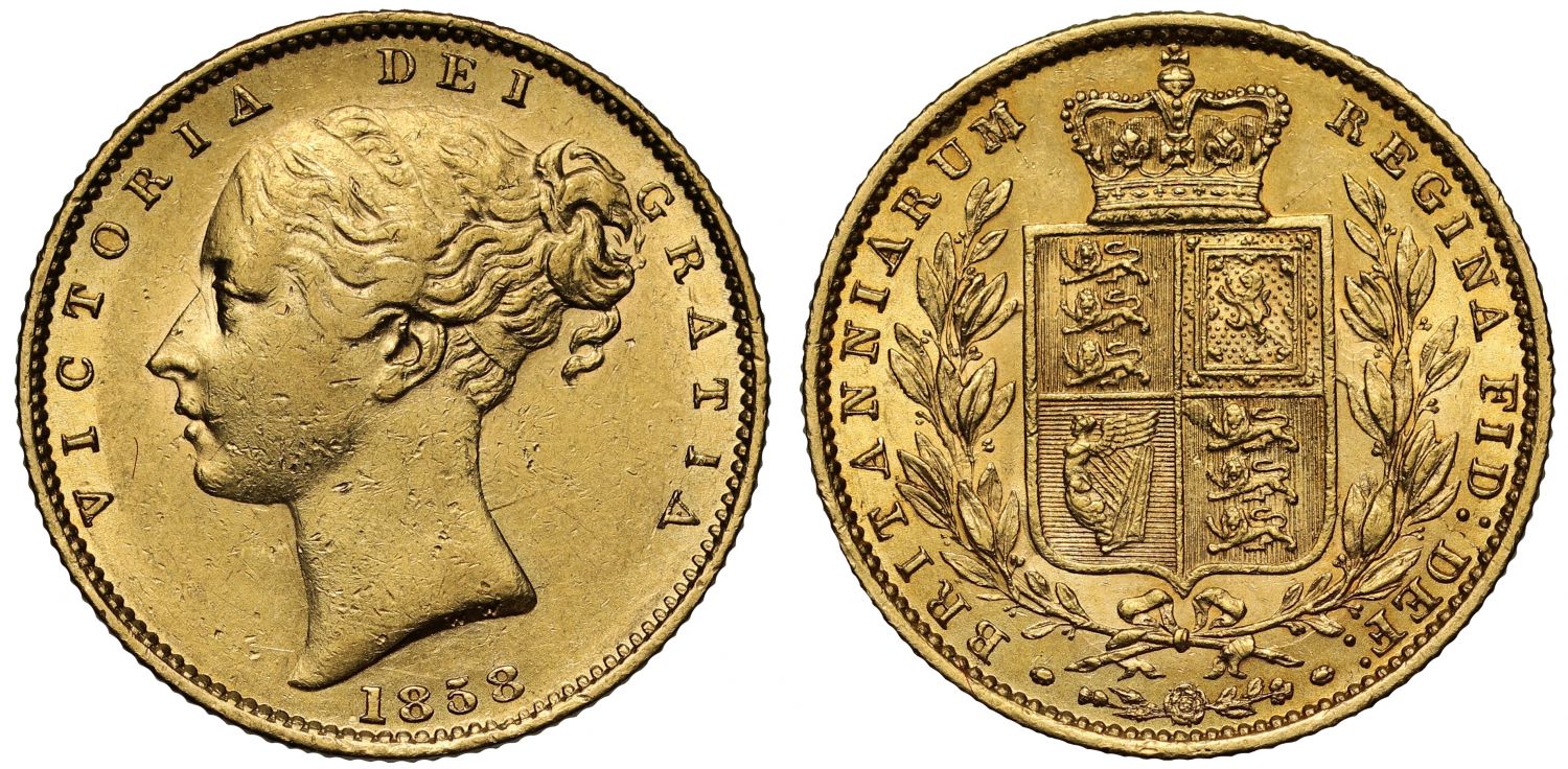 Victoria 1858 Sovereign partially barred A's, incomplete 5 in date