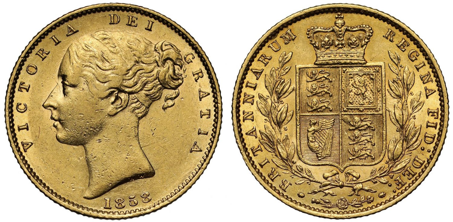 Victoria 1858 Sovereign partially barred A's, incomplete 5 in date
