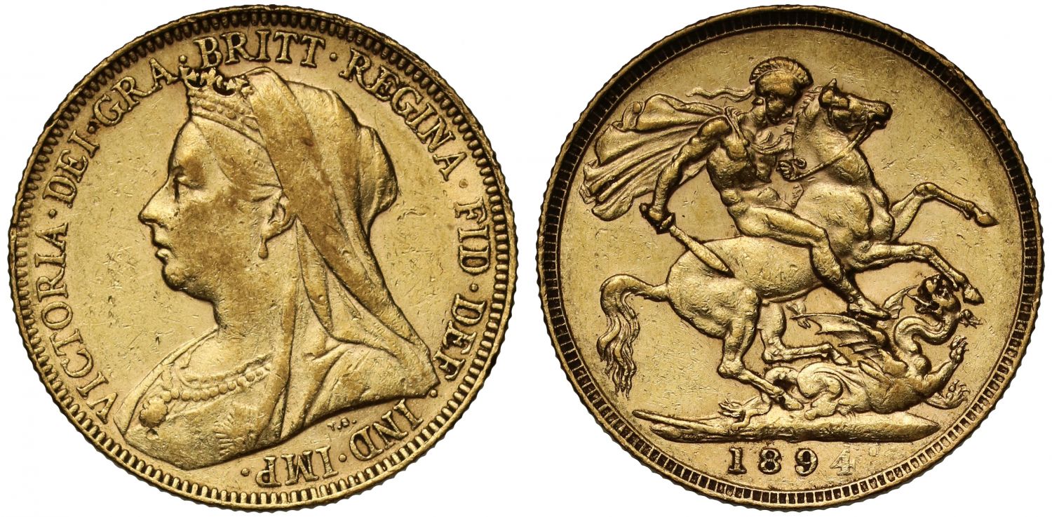 Victoria 1894 Sovereign, London Mint struck with faint 4