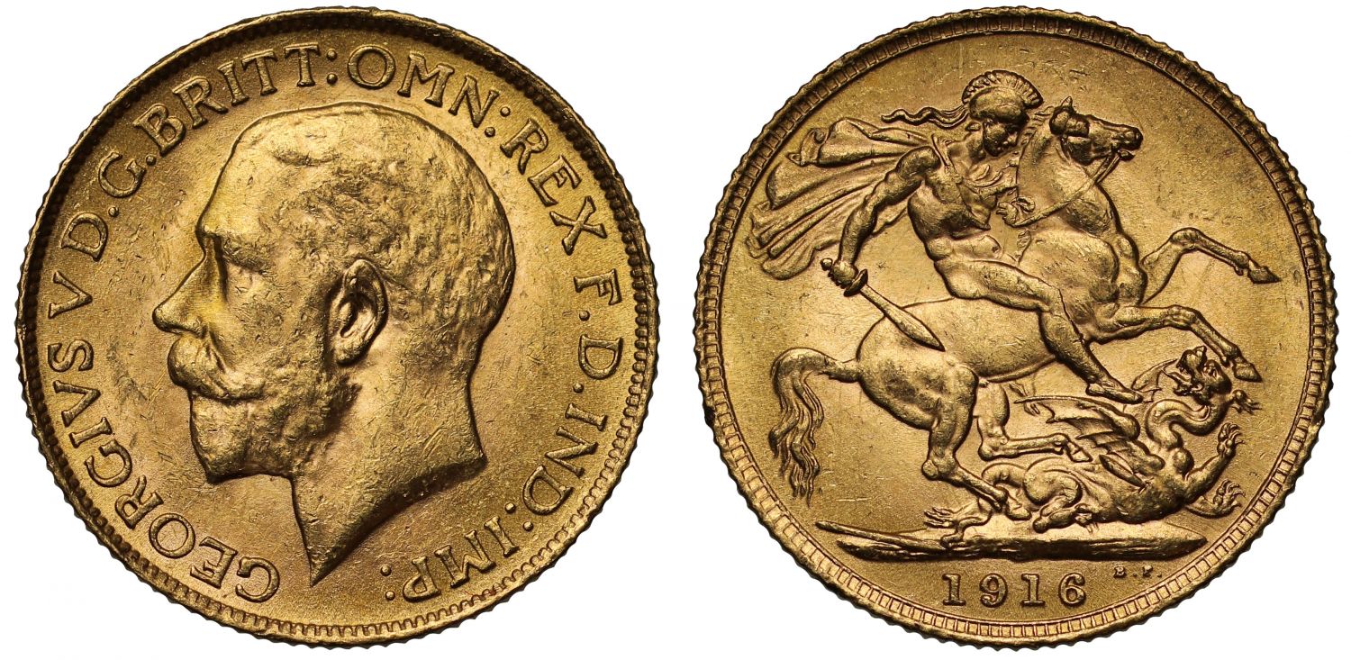 George V 1916 London Sovereign, rare date from World War One