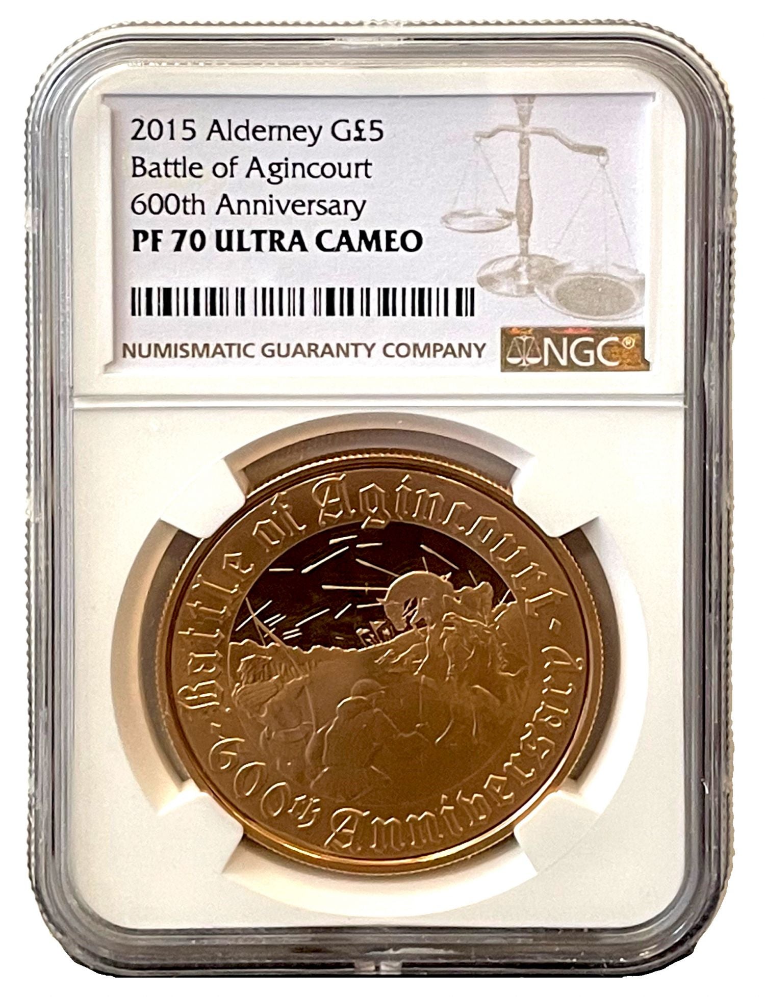 QEII 2015 Alderney PF70 UC gold Five-Pounds Agincourt, Rare
