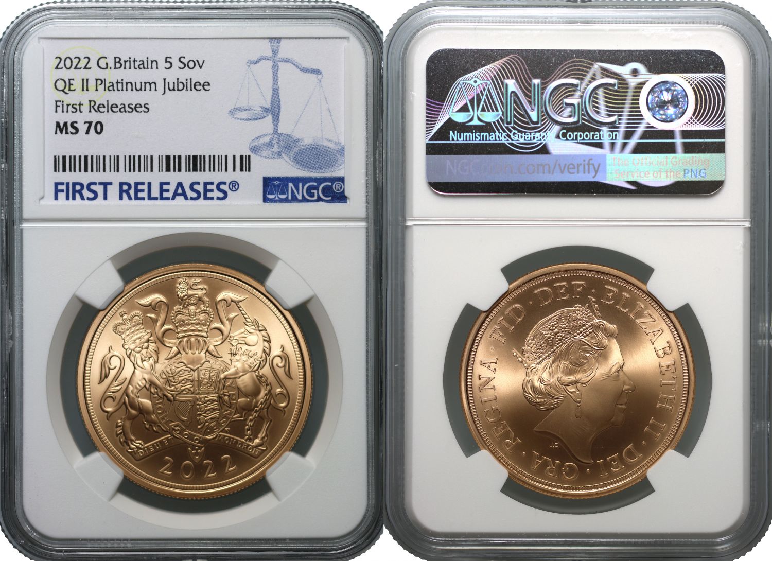 * Elizabeth II 2022 gold £5 BU Matt MS70 FR