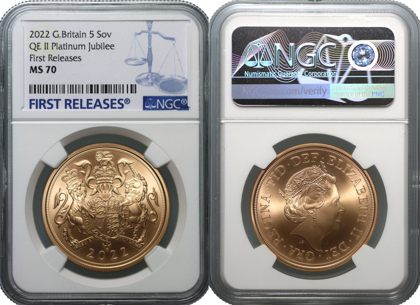 * Elizabeth II 2022 gold £5 BU Matt MS70 FR