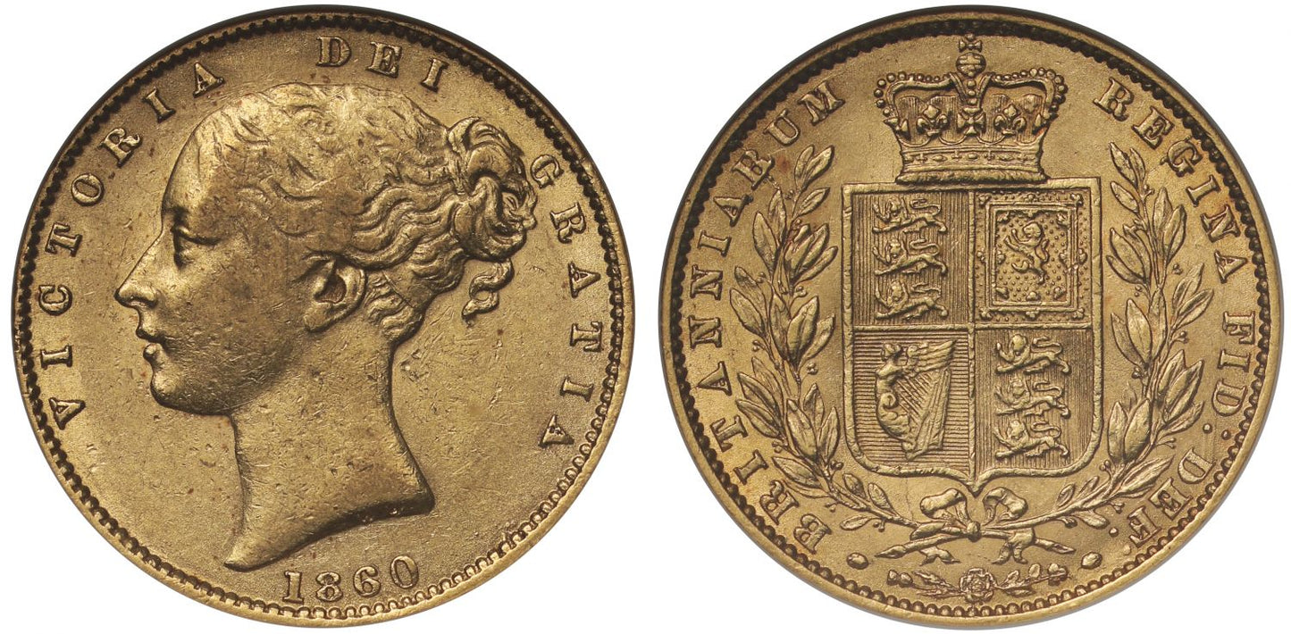 Victoria 1860 Sovereign, shield reverse, AU55