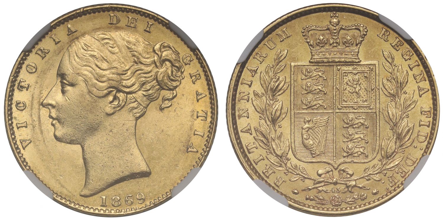 Victoria 1869 Sovereign shield reverse die number 43 MS62