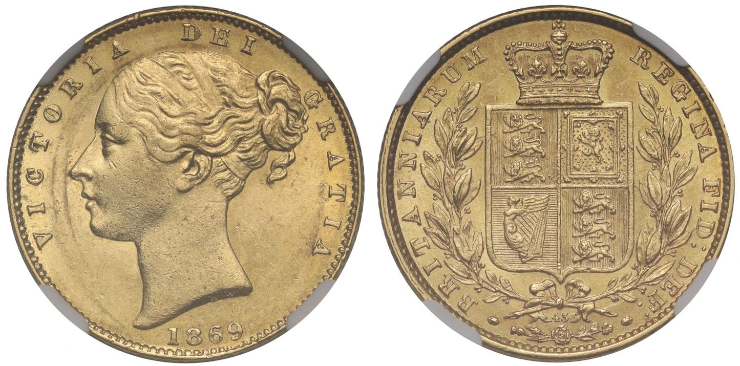Victoria 1869 Sovereign shield reverse die number 43 MS62