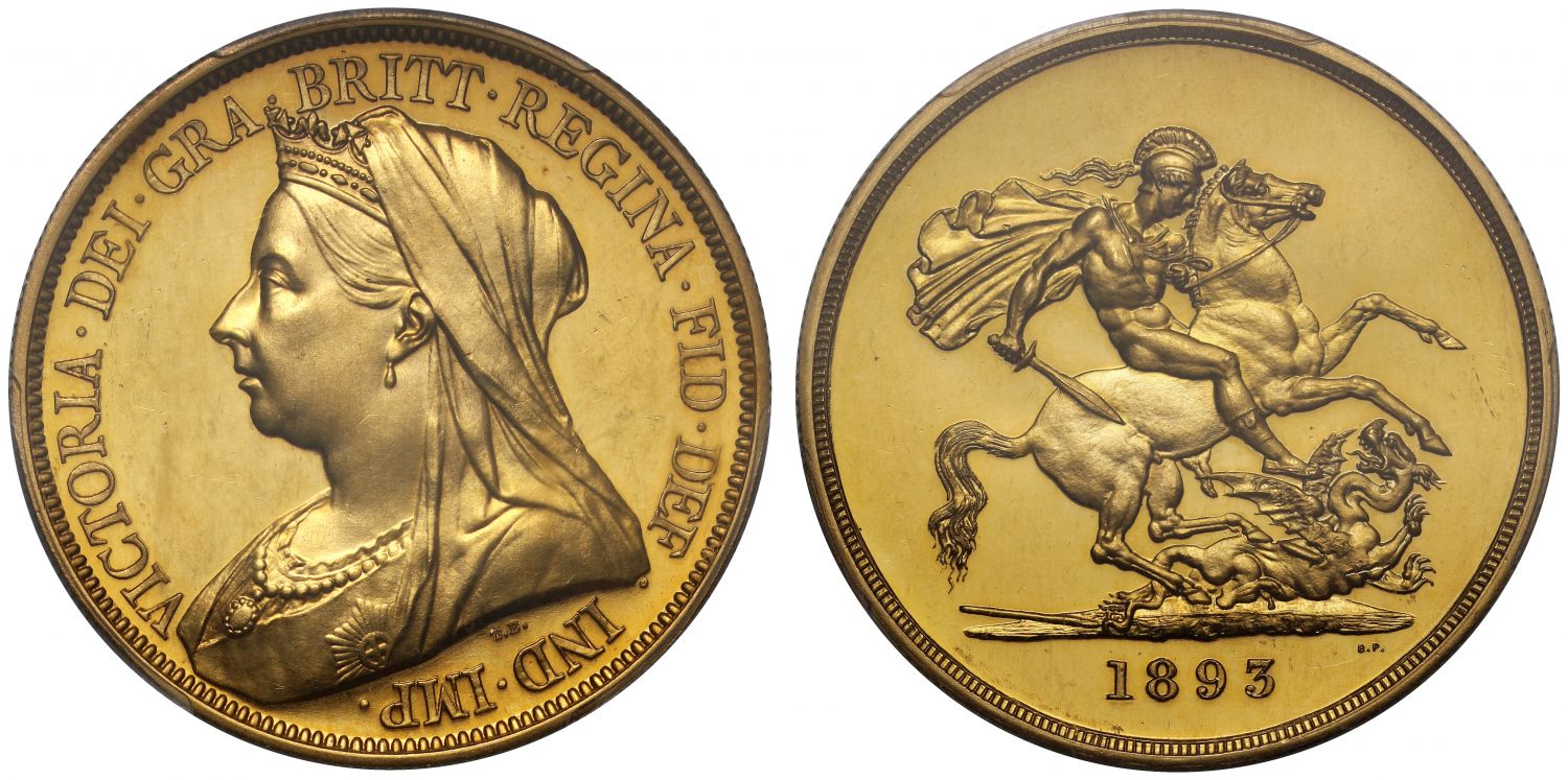 Victoria 1893 proof Five-Pounds PR64 CAMEO, older veiled head