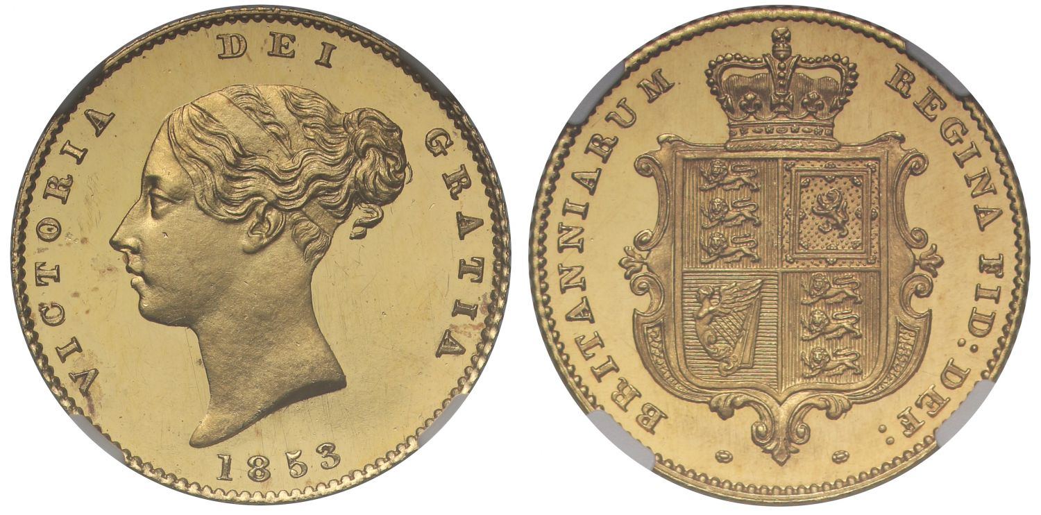 Victoria 1853 proof Half-Sovereign, large date =R6, PF64+ ULTRA CAMEO