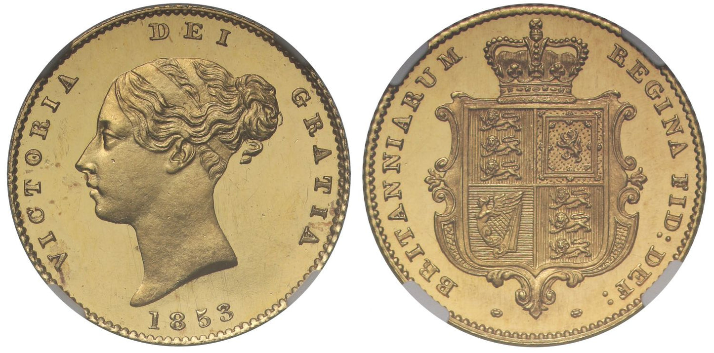 Victoria 1853 proof Half-Sovereign, large date =R6, PF64+ ULTRA CAMEO