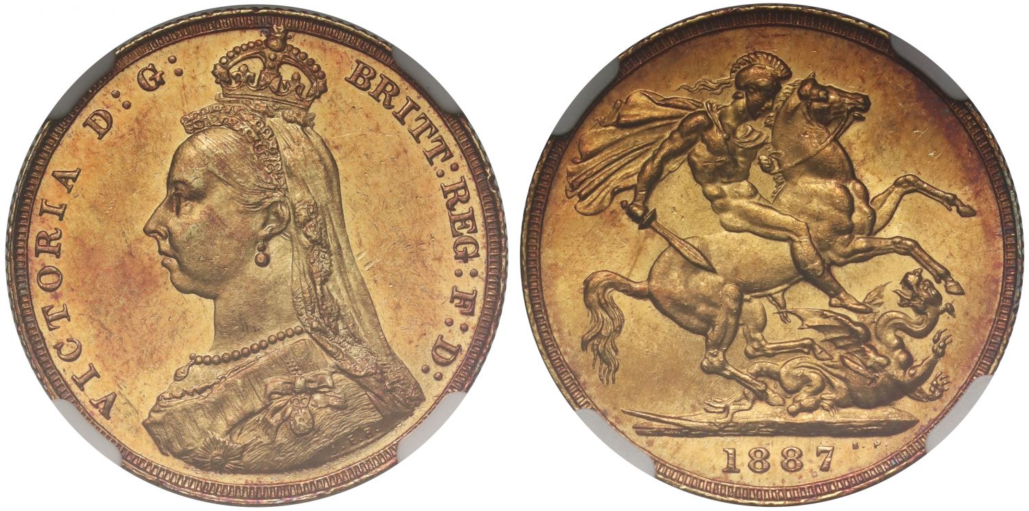 Victoria 1887 Sovereign, Jubilee type angled J MS62