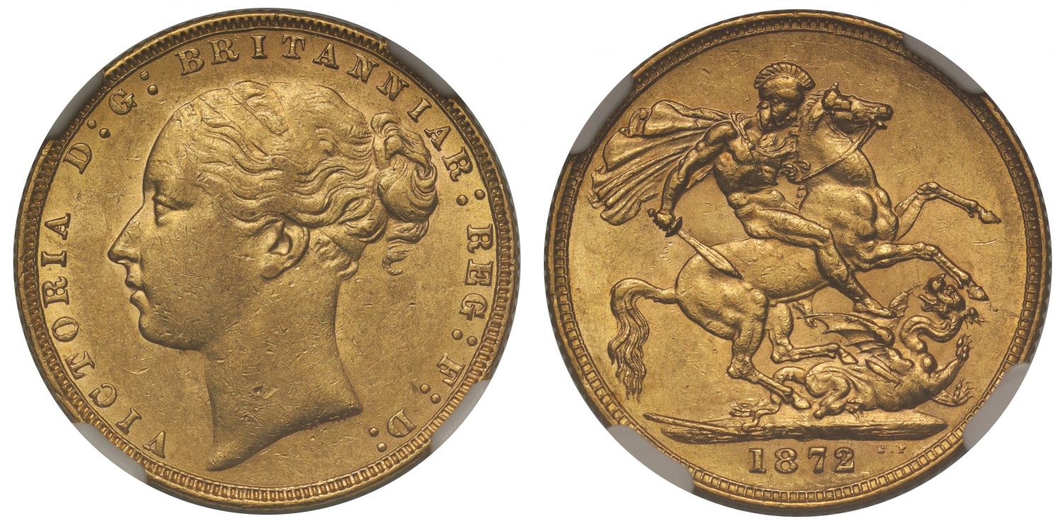 Victoria 1872 Sovereign St George AU58, ex RMS Douro shipwreck