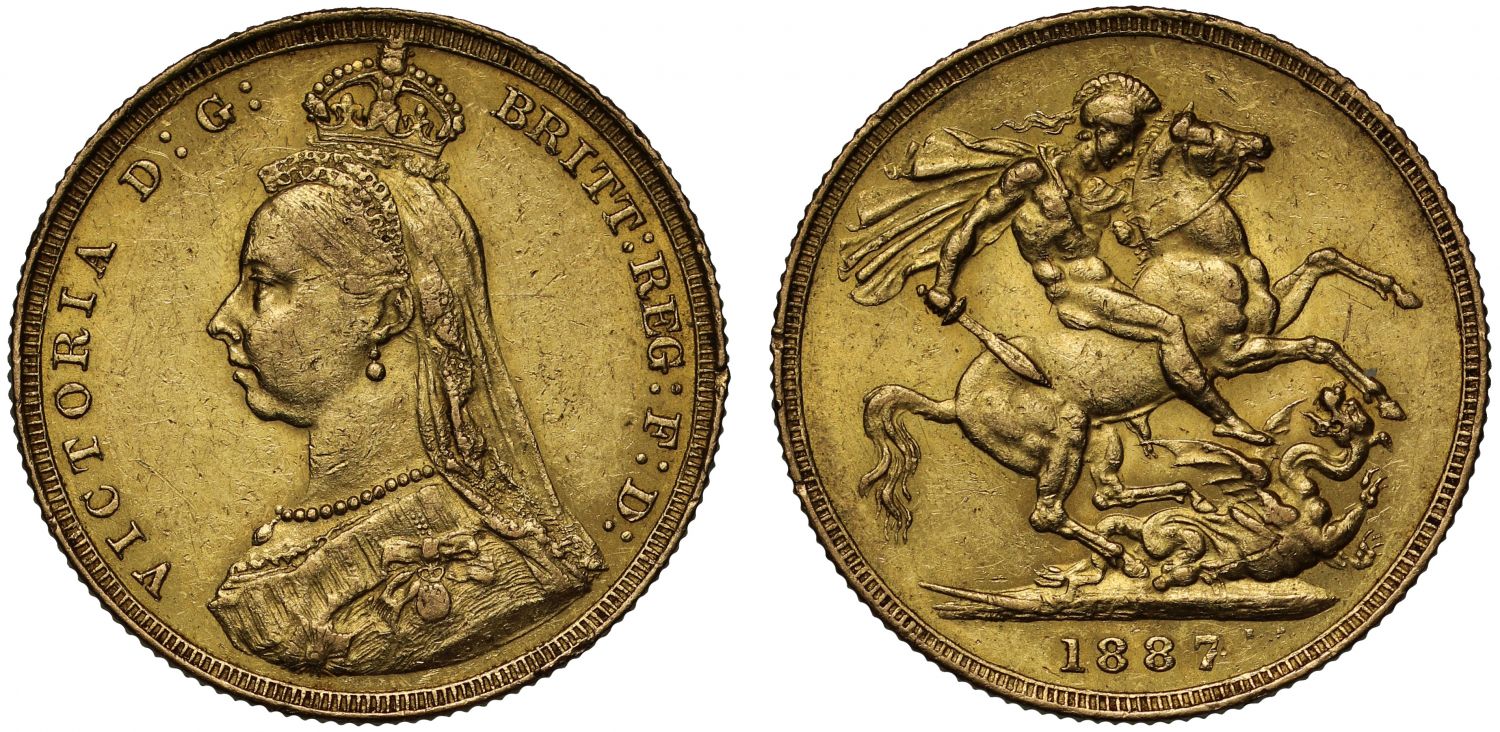 Victoria 1887 Sovereign hooked J in engravers initials DISH L4 R5