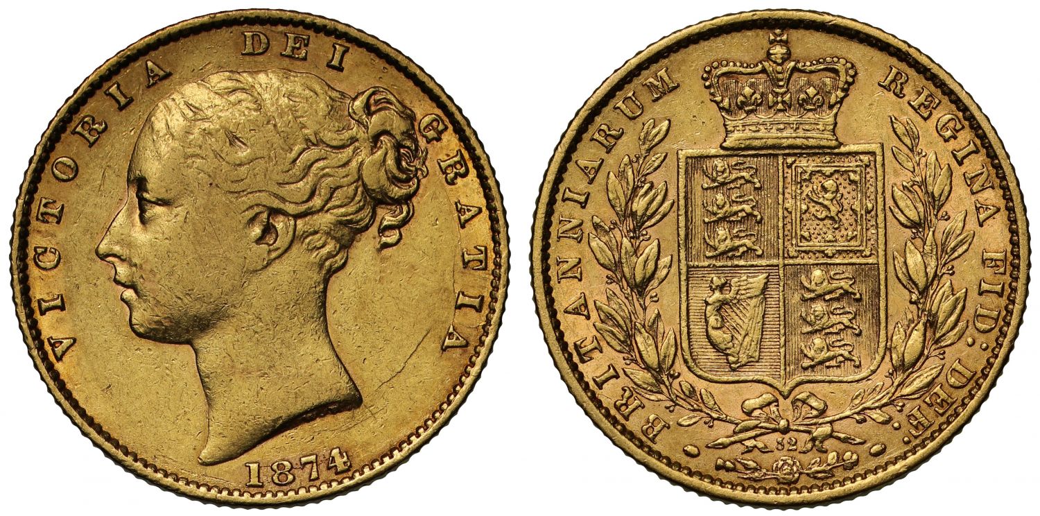Victoria 1874 Sovereign shield London Mint, die number 32 on reverse