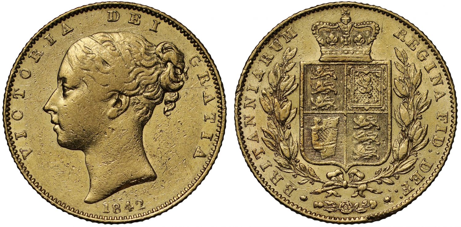 Victoria 1842 Sovereign, first young head, open 2 in date