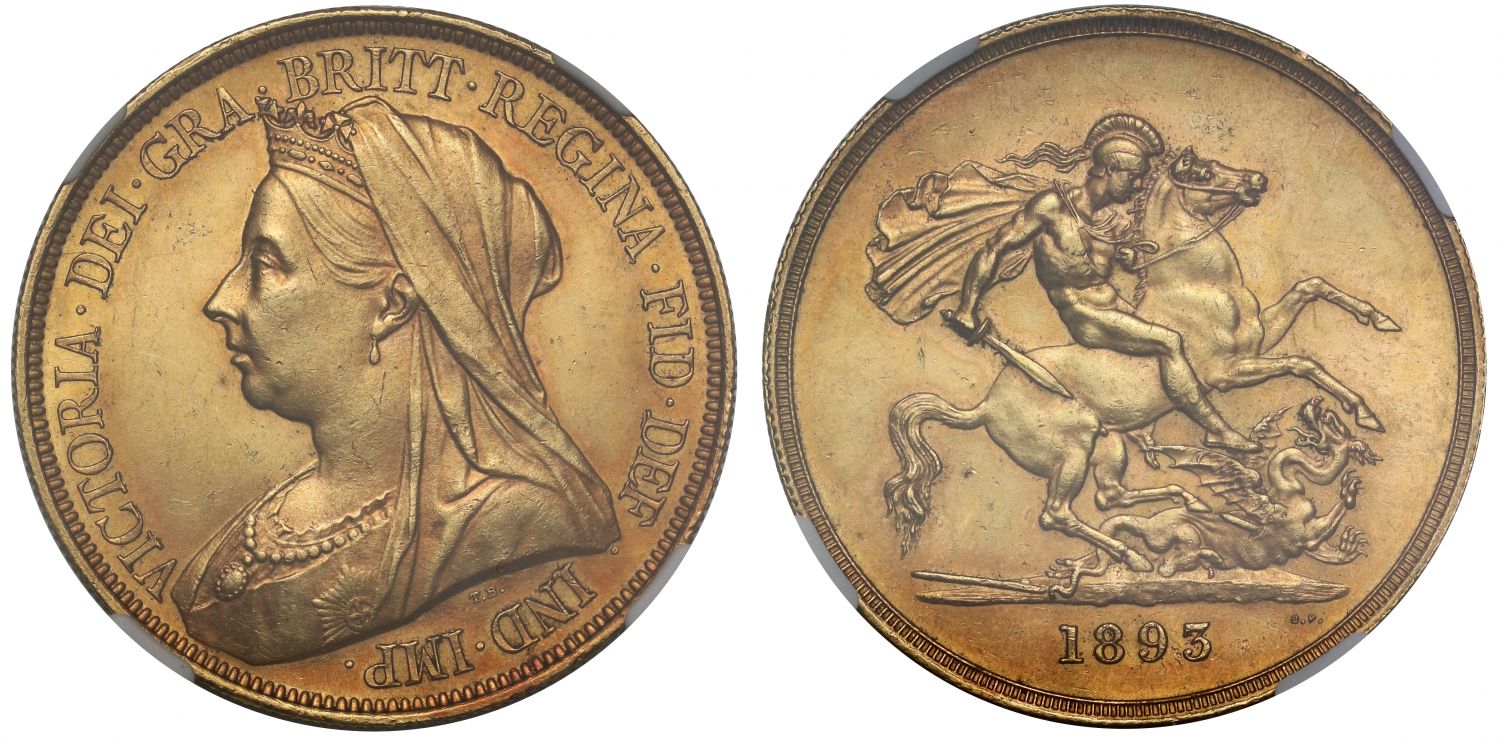 Victoria 1893 Five-Pounds older veiled head AU58