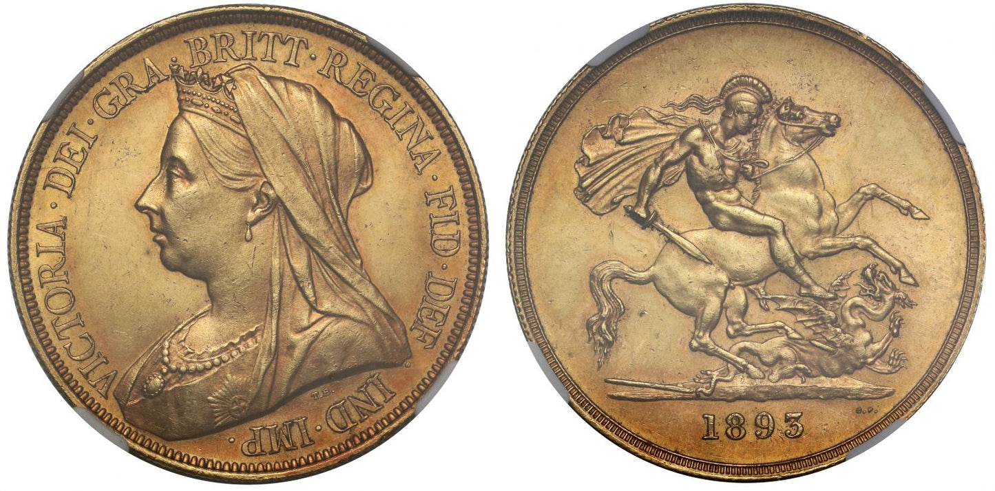 Victoria 1893 Five-Pounds older veiled head AU58