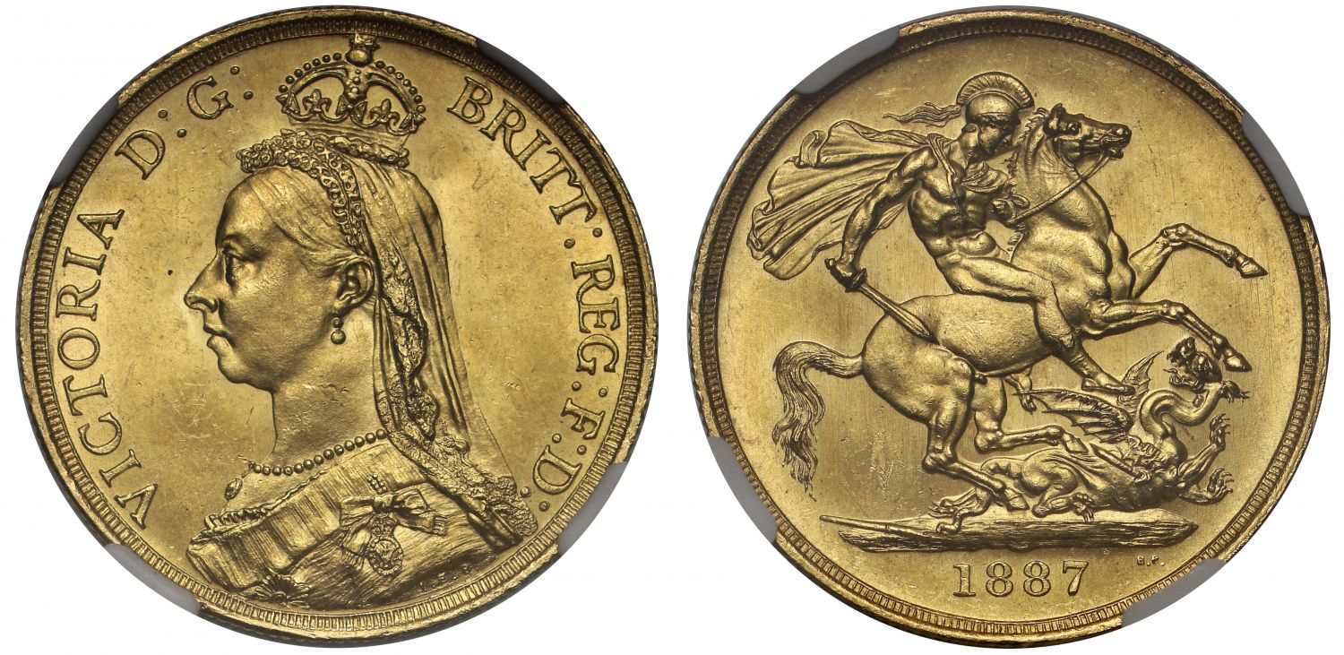 Victoria 1887 Two-Pounds, short date, tiny B.P., MS64