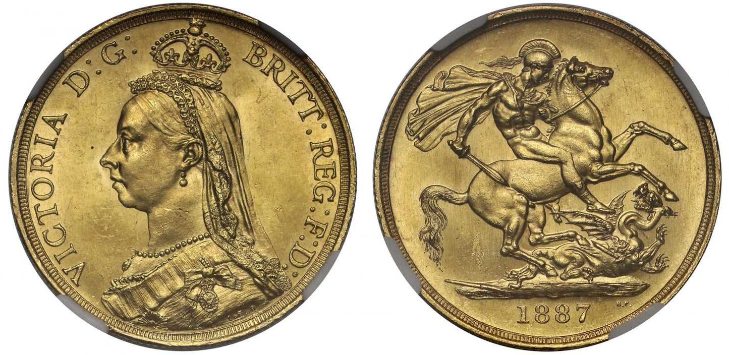 Victoria 1887 Two-Pounds, short date, tiny B.P., MS64