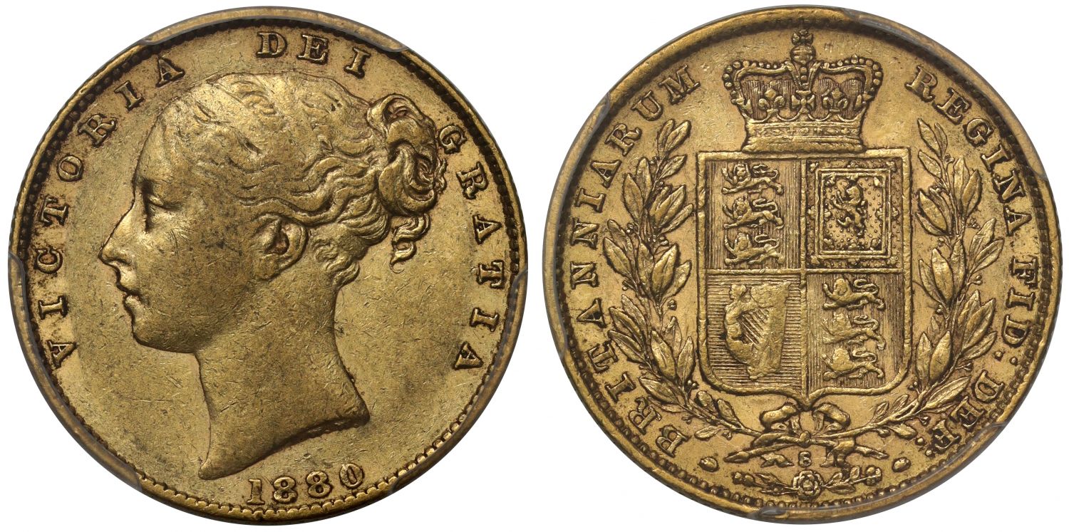 Victoria 1880-S shield Sovereign, inverted A for V in VICTORIA XF40