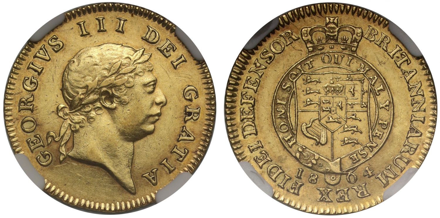 George III 1804 Half-Guinea Iverson dies 2/A, AU55, ex Baumhauer