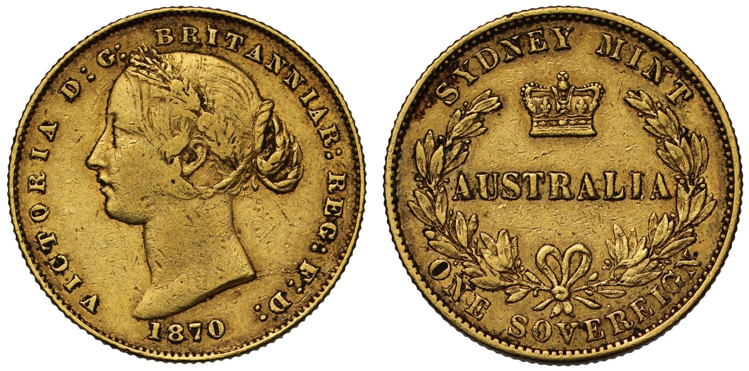 Australia, Victoria 1870 Sydney Sovereign, copper alloy in gold version