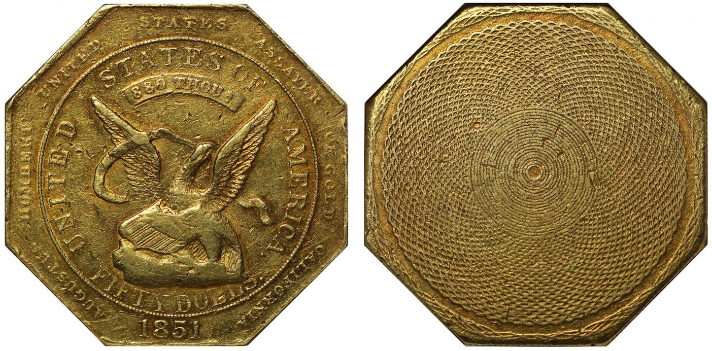 USA, California 1851 "880" Humbert "slug" 50-Dollars AU58