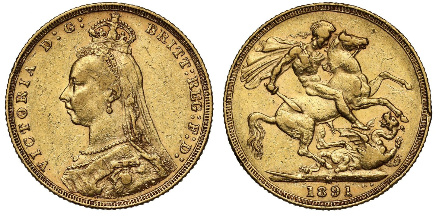 Victoria 1891-M Sovereign Melbourne Short Tail with two spurs of hair Dish M15