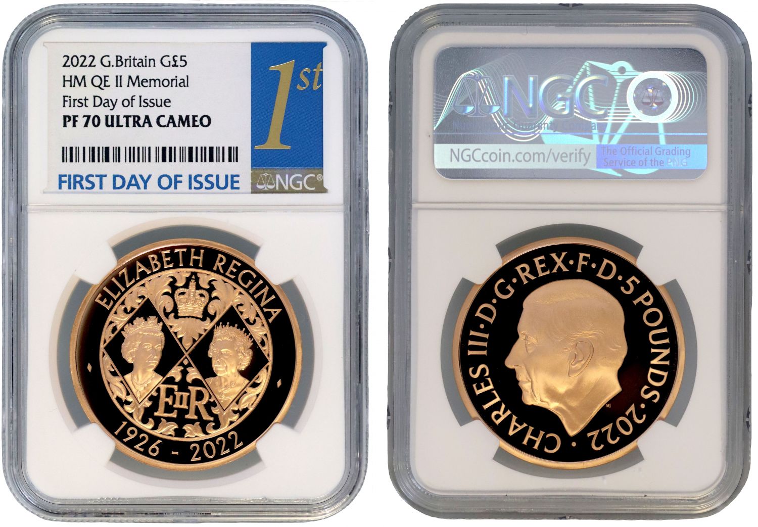 * Charles III 2022 proof Five-Pounds PF70 FDI Memorial EIIR