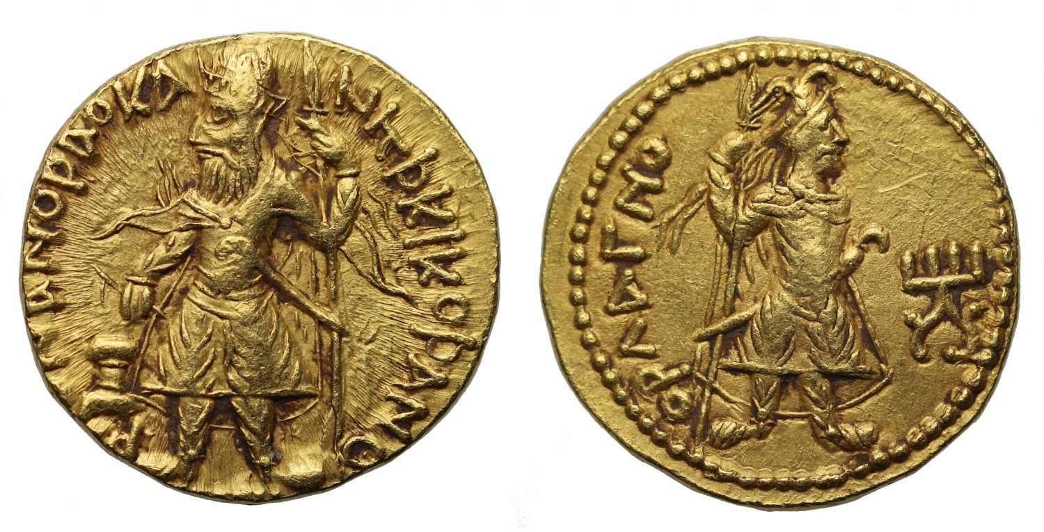 Kushan, Kanishka I, gold Dinar, Orlagno.