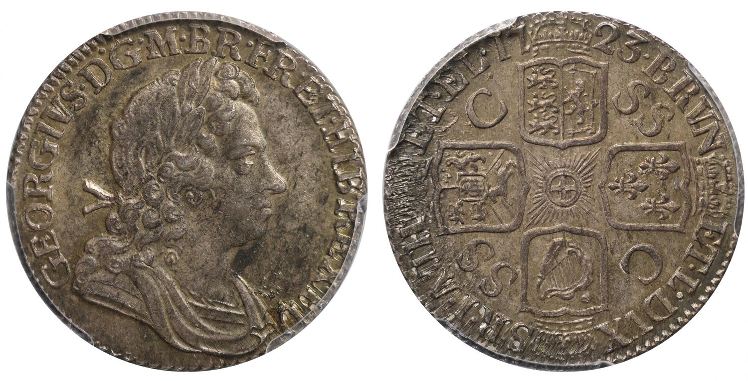 George I 1723 SSC Shilling first bust MS64