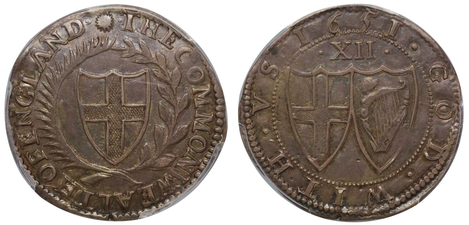Commonwealth 1651 Shilling AU55, obverse stops at mint mark sun only
