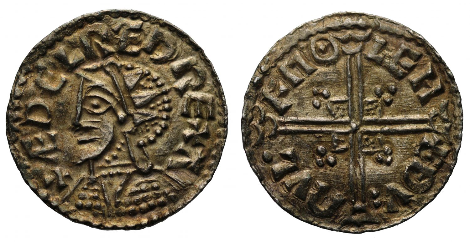 Aethelred II, Penny, helmet type, Leicester Mint, moneyer Thurulf, bold style