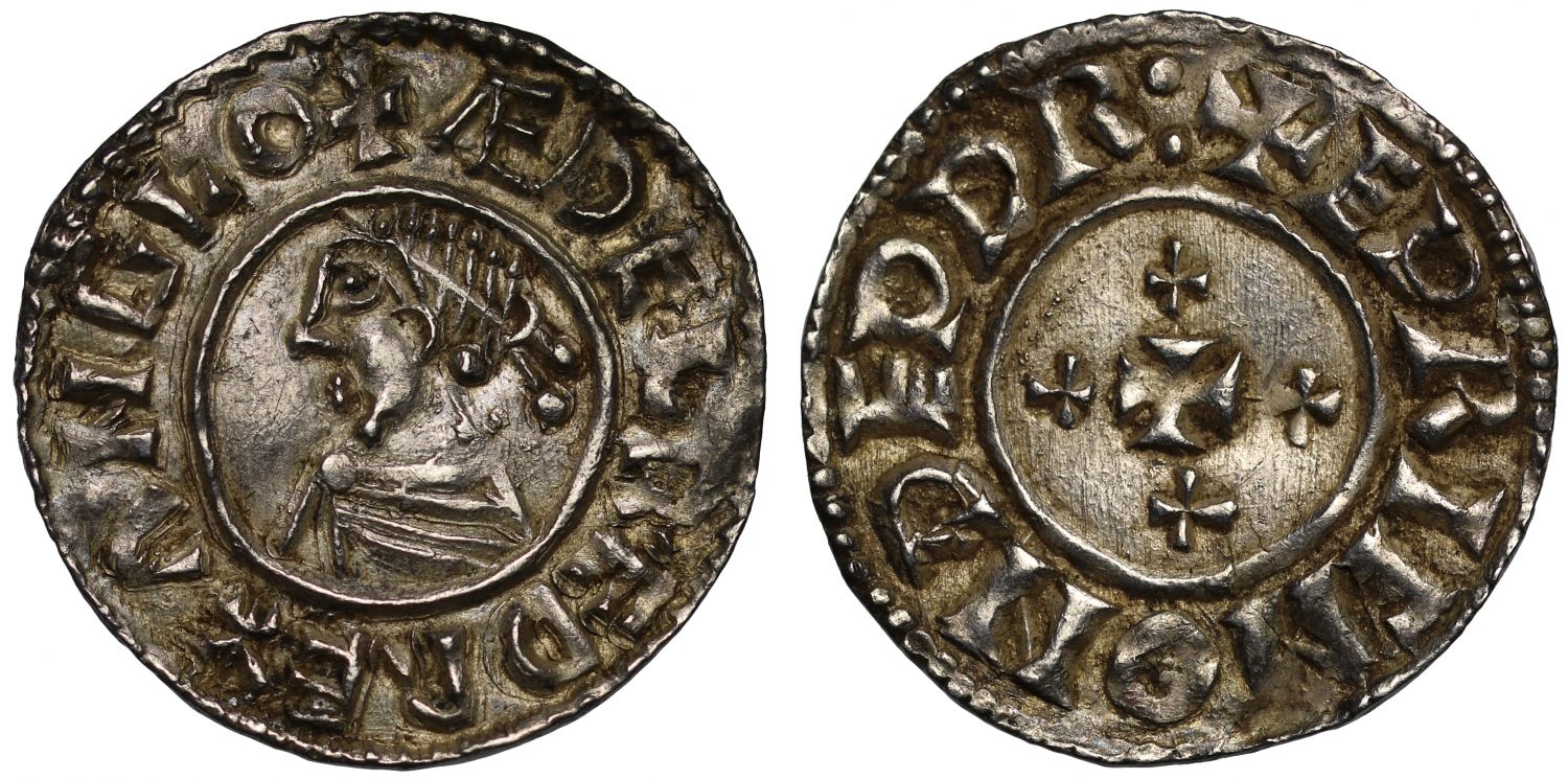 Aethelred II Penny, Last small cross type, four extra crosses, Thetford, Eadric, ex Cambridge Hoard and English Doctor