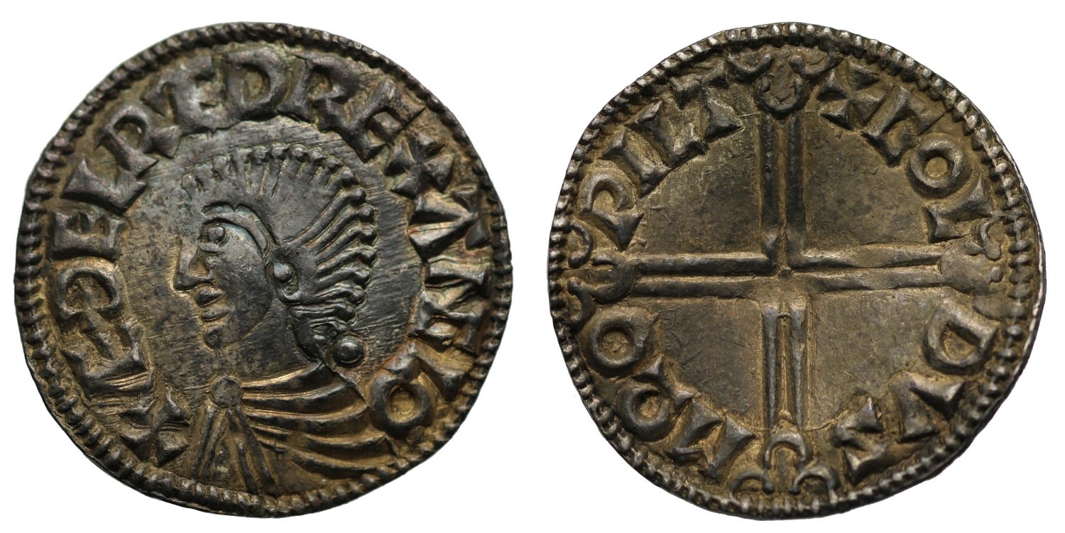 Aethelred II, Penny, long cross type, Wilton Mint, moneyer Goldus