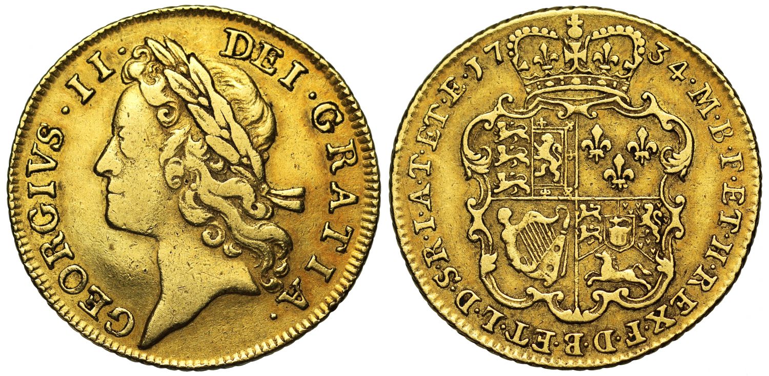 George II 1734 Guinea, second young head, scarce date