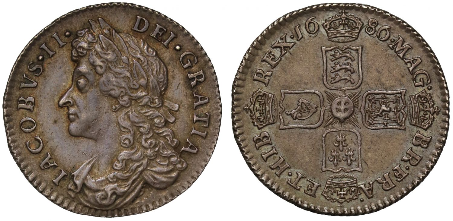 James II 1686 Sixpence, first 6 over a lower 6 and 8 over 6, rare, ex Bole